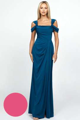 Vestido con un escote corazÃ³n con detalle drapeado y tirantes gruesos. Las mangas off-shoulder con nudos y copas incorporadas ofrecen soporte. La falda drapeada con plisados y lazo frontal garantiza una silueta favorecedora. Ideal para eventos formales.


