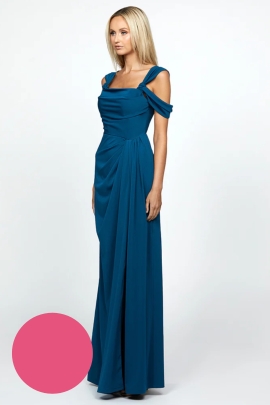 Vestido con un escote corazÃ³n con detalle drapeado y tirantes gruesos. Las mangas off-shoulder con nudos y copas incorporadas ofrecen soporte. La falda drapeada con plisados y lazo frontal garantiza una silueta favorecedora. Ideal para eventos formales.


